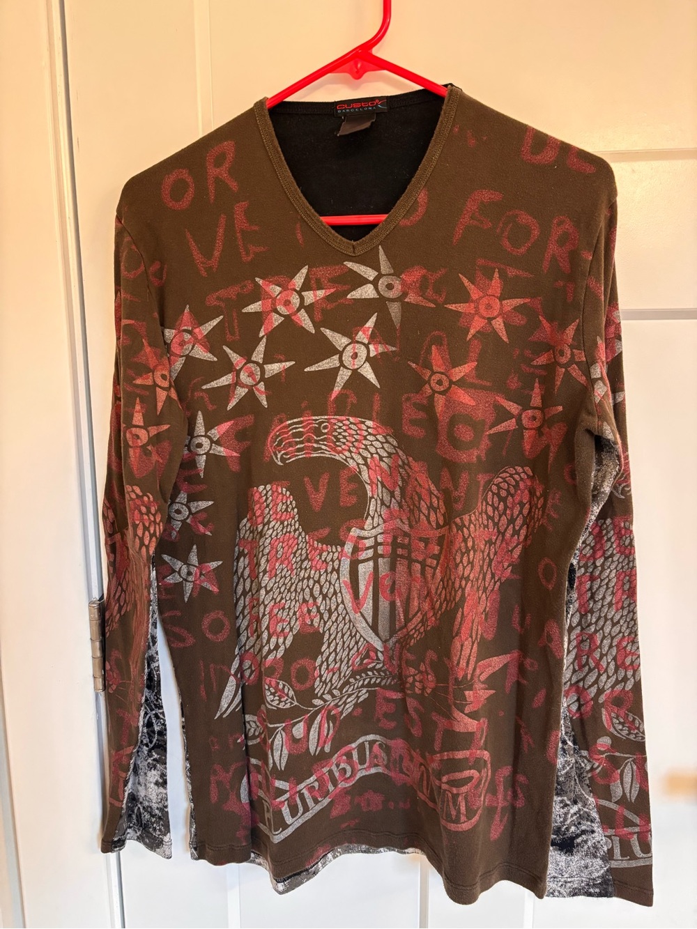 Custo Barcelona Brown V-Neck Sweater with Red Graphic Print
